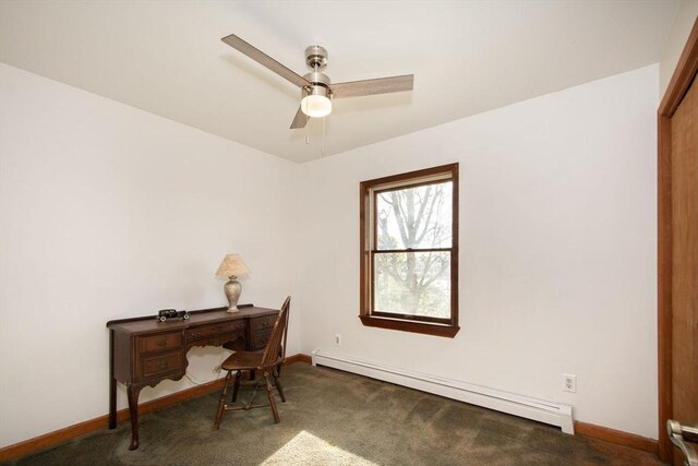 carpeted office featuring baseboards, baseboard heating, and a ceiling fan