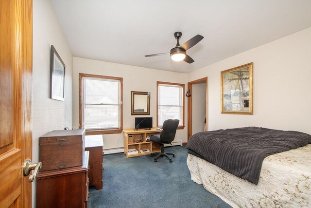 bedroom with dark carpet, a baseboard radiator, and ceiling fan
