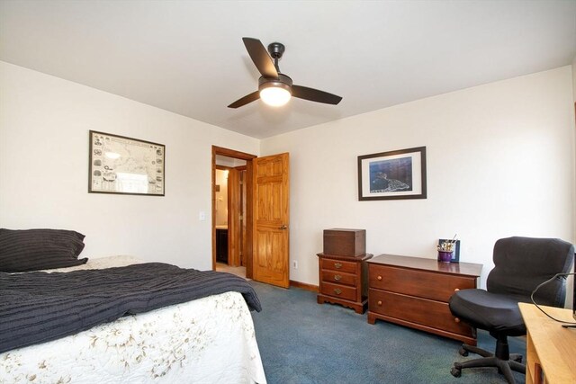 bedroom with carpet flooring and a ceiling fan
