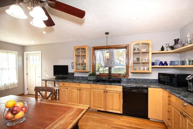 kitchen featuring a sink, stainless steel appliances, a ceiling fan, under cabinet range hood, and glass insert cabinets