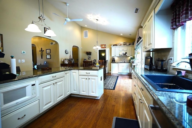 895 Dennison Dr, Southbridge, MA 01550 - kitchen with a ceiling fan, white microwave, arched walkways, dark wood-type flooring, and pendant lighting