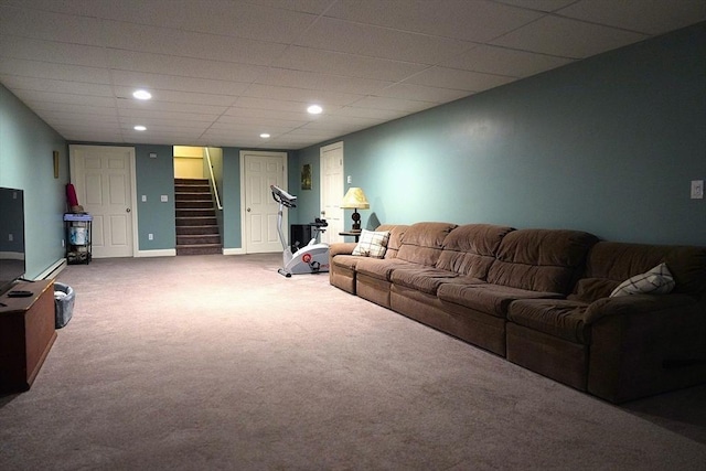895 Dennison Dr, Southbridge, MA 01550 - carpeted living room with stairway and recessed lighting