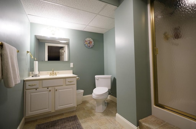 895 Dennison Dr, Southbridge, MA 01550 - bathroom with a stall shower, a drop ceiling, and vanity