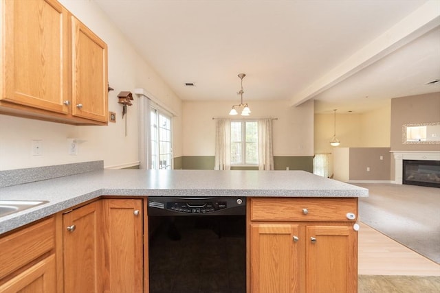 1 Knotts St Unit 1, Hudson, MA 01749 - kitchen featuring dishwasher, a peninsula, open floor plan, light countertops, and hanging light fixtures