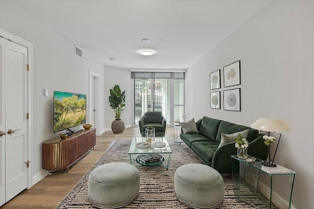 living room with light hardwood / wood-style floors and a wall of windows