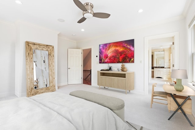 bedroom featuring carpet, ceiling fan, and ornamental molding