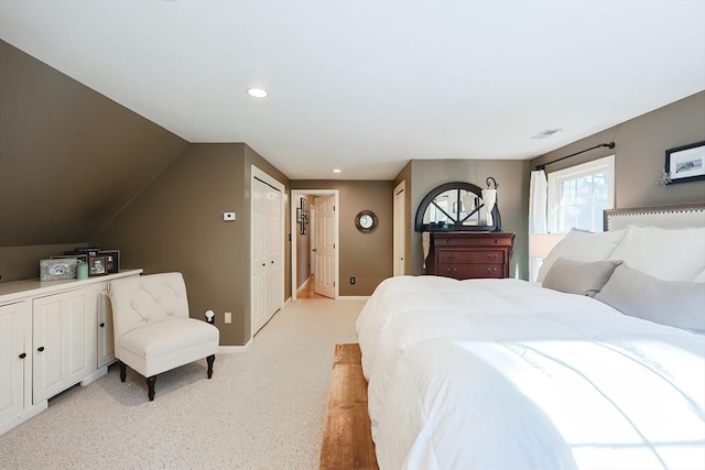 bedroom featuring visible vents, recessed lighting, baseboards, and vaulted ceiling