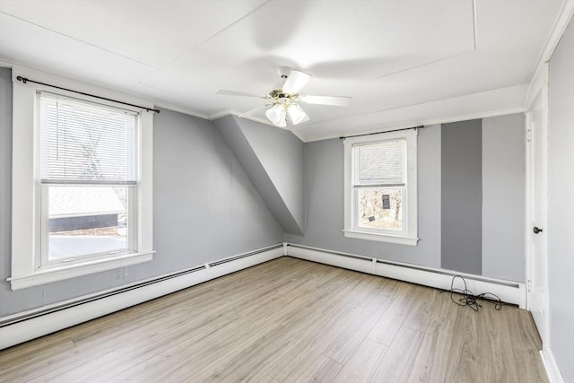 additional living space featuring a ceiling fan, wood finished floors, and a baseboard radiator