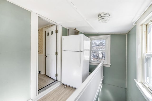 kitchen featuring light wood-type flooring and freestanding refrigerator
