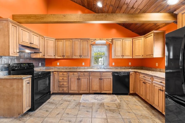 kitchen featuring sink, decorative light fixtures, lofted ceiling with beams, wooden ceiling, and black appliances