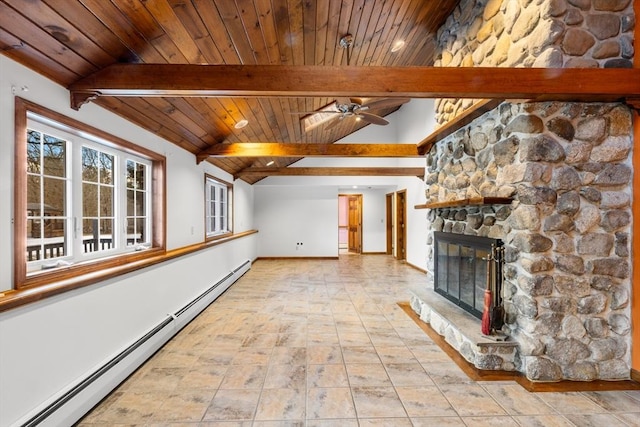 unfurnished living room with wood ceiling, ceiling fan, a fireplace, lofted ceiling with beams, and a baseboard radiator