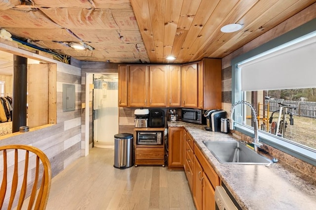 kitchen with wooden ceiling, sink, electric panel, and light hardwood / wood-style floors