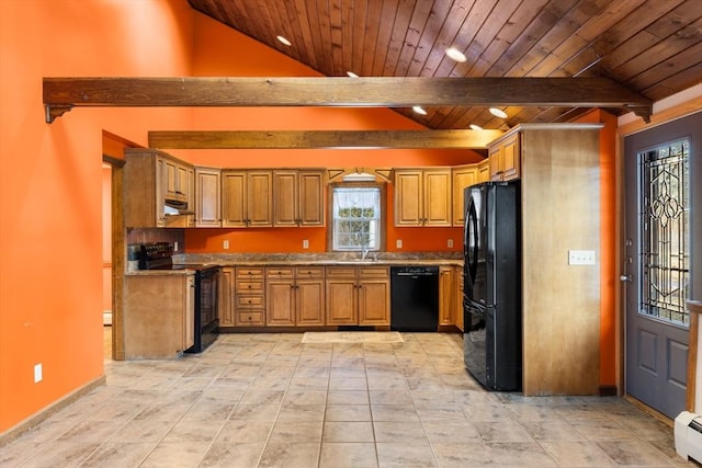 kitchen with sink, wood ceiling, black appliances, lofted ceiling with beams, and a baseboard heating unit