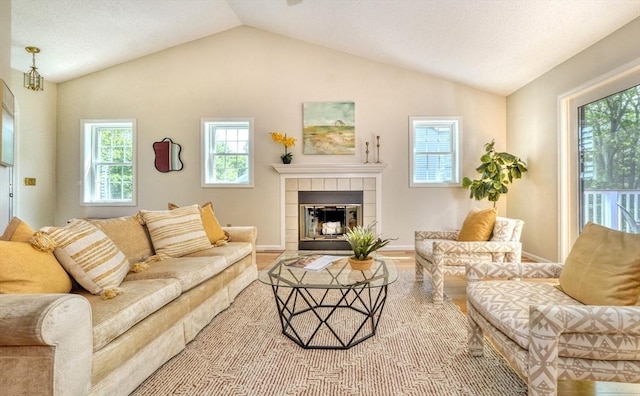 9 Knollwood Ct Unit 9, Burlington, MA 01803 - living area with lofted ceiling, wood finished floors, a tiled fireplace, and baseboards