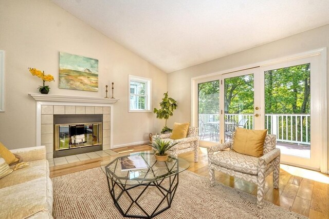 9 Knollwood Ct Unit 9, Burlington, MA 01803 - living area with wood finished floors, lofted ceiling, a fireplace, and baseboards
