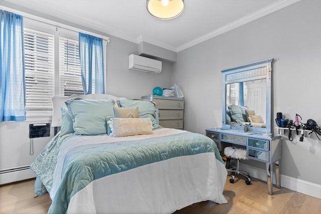 bedroom featuring ornamental molding, a baseboard heating unit, an AC wall unit, wood finished floors, and baseboards