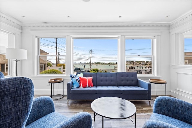 living area featuring a healthy amount of sunlight, baseboards, and wood finished floors