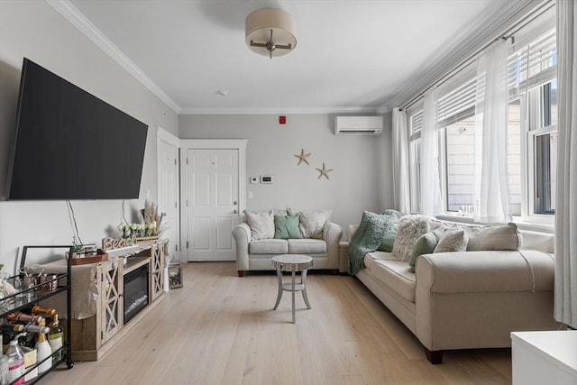 living room featuring a wall mounted air conditioner, light wood-type flooring, and ornamental molding