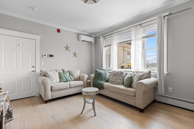 living area with light wood finished floors, ornamental molding, baseboard heating, and a wall mounted AC