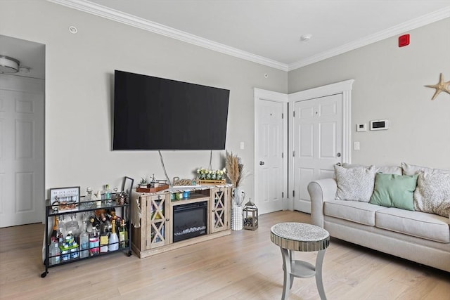 living room with ornamental molding and wood finished floors