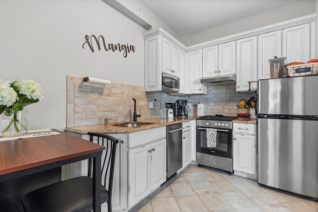 kitchen with light stone counters, under cabinet range hood, a sink, white cabinets, and appliances with stainless steel finishes