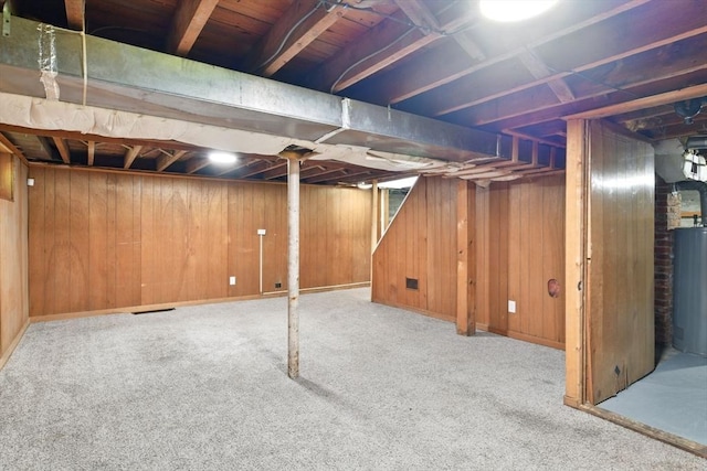248 Pheland St, Springfield, MA 01109 - basement with carpet, water heater, and wooden walls