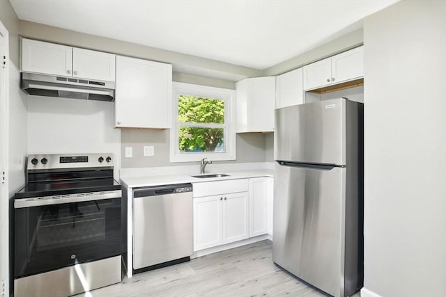 248 Pheland St, Springfield, MA 01109 - kitchen with appliances with stainless steel finishes, under cabinet range hood, white cabinetry, a sink, and light countertops