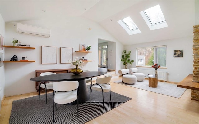 dining room featuring a wall mounted AC, a skylight, lofted ceiling, wood finished floors, and radiator