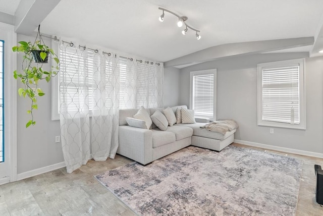 living area with baseboards, vaulted ceiling, track lighting, and a healthy amount of sunlight
