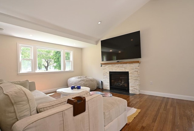 11 Edith Rd, Hudson, MA 01749 - living area with dark wood-style floors, baseboards, a stone fireplace, lofted ceiling, and recessed lighting