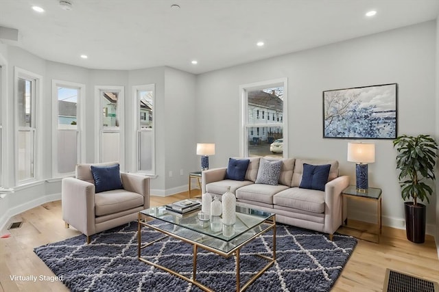 living area featuring a healthy amount of sunlight, baseboards, and light wood finished floors