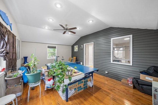 26 Weybosset St, Weymouth, MA 02191 - rec room with hardwood / wood-style floors, vaulted ceiling, a ceiling fan, recessed lighting, and wood walls