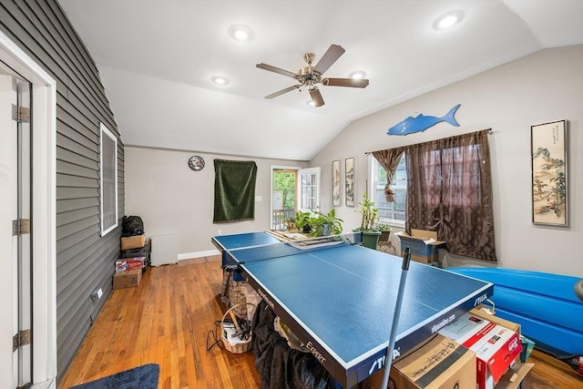 26 Weybosset St, Weymouth, MA 02191 - rec room with vaulted ceiling, a ceiling fan, wood finished floors, baseboards, and recessed lighting
