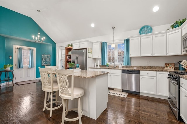 kitchen with lofted ceiling, dark wood-style floors, appliances with stainless steel finishes, and white cabinets