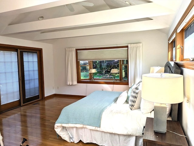 bedroom featuring ceiling fan, dark hardwood / wood-style flooring, access to outside, and vaulted ceiling with beams