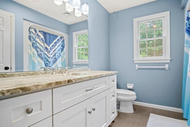 bathroom with vanity, toilet, and hardwood / wood-style floors