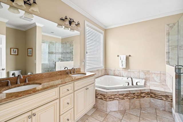 bathroom with a stall shower, crown molding, a jetted tub, toilet, and tile patterned floors
