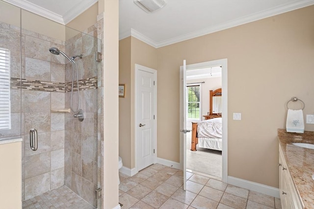 bathroom featuring a shower stall, crown molding, baseboards, connected bathroom, and vanity