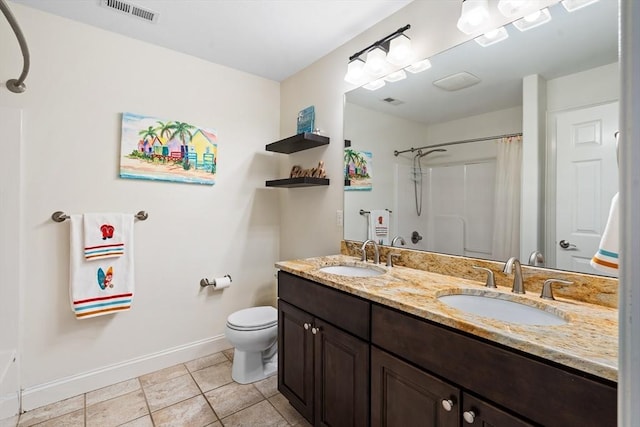 full bathroom with baseboards, toilet, a shower with shower curtain, tile patterned floors, and double vanity