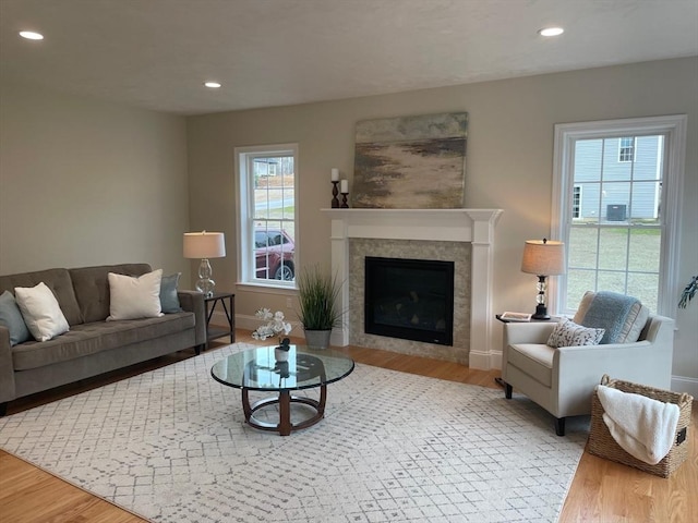 living room featuring a tiled fireplace and light hardwood / wood-style flooring