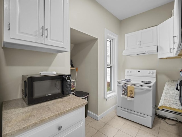 kitchen with white range with electric cooktop, black microwave, under cabinet range hood, white cabinets, and healthy amount of natural light