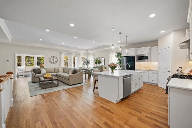 kitchen with white cabinets, stainless steel appliances, light hardwood / wood-style flooring, and a kitchen island with sink