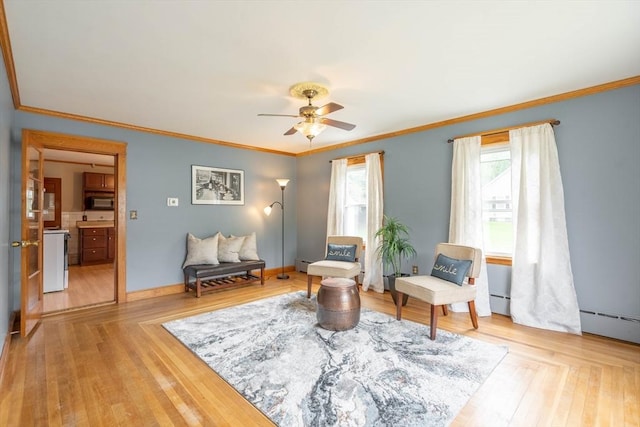 7 Prospect Ave, Dudley, MA 01571 - living area with ornamental molding, ceiling fan, light wood-style flooring, and baseboards