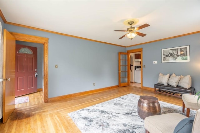 7 Prospect Ave, Dudley, MA 01571 - living room featuring baseboards, wood finished floors, a ceiling fan, and ornamental molding