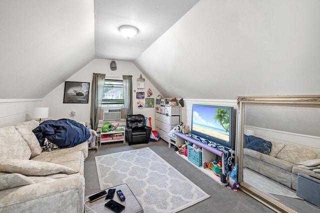 343 Cabot St, Beverly, MA 01915 - recreation room with carpet, vaulted ceiling, and cooling unit