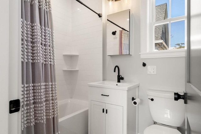 full bathroom with toilet, shower / bath combo, and vanity
