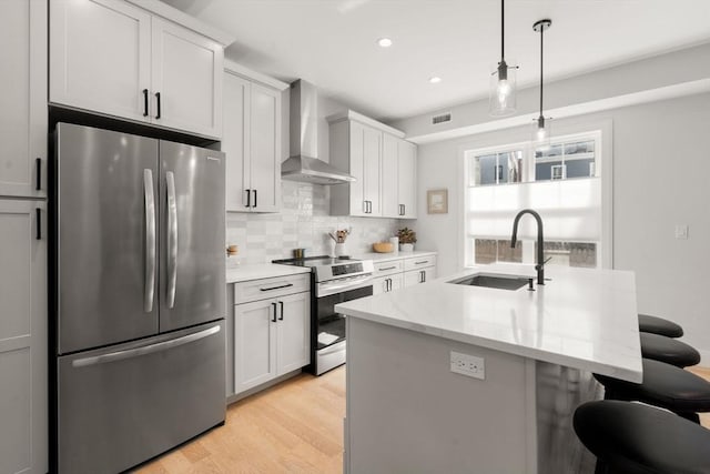 kitchen with appliances with stainless steel finishes, wall chimney range hood, a sink, tasteful backsplash, and a kitchen breakfast bar