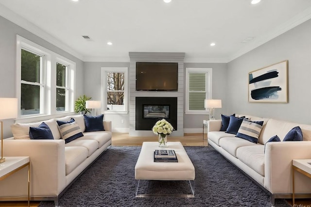 living room with dark hardwood / wood-style flooring, a large fireplace, and crown molding