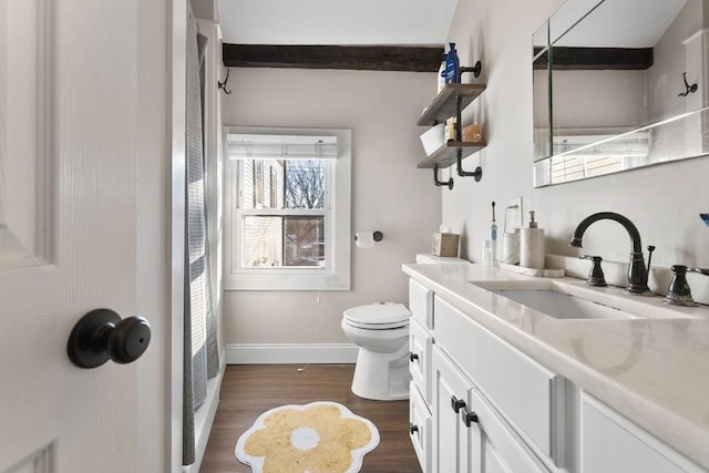 bathroom featuring vanity, hardwood / wood-style flooring, and toilet