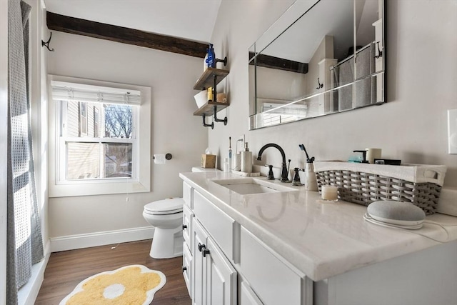 bathroom with vanity, toilet, and wood-type flooring